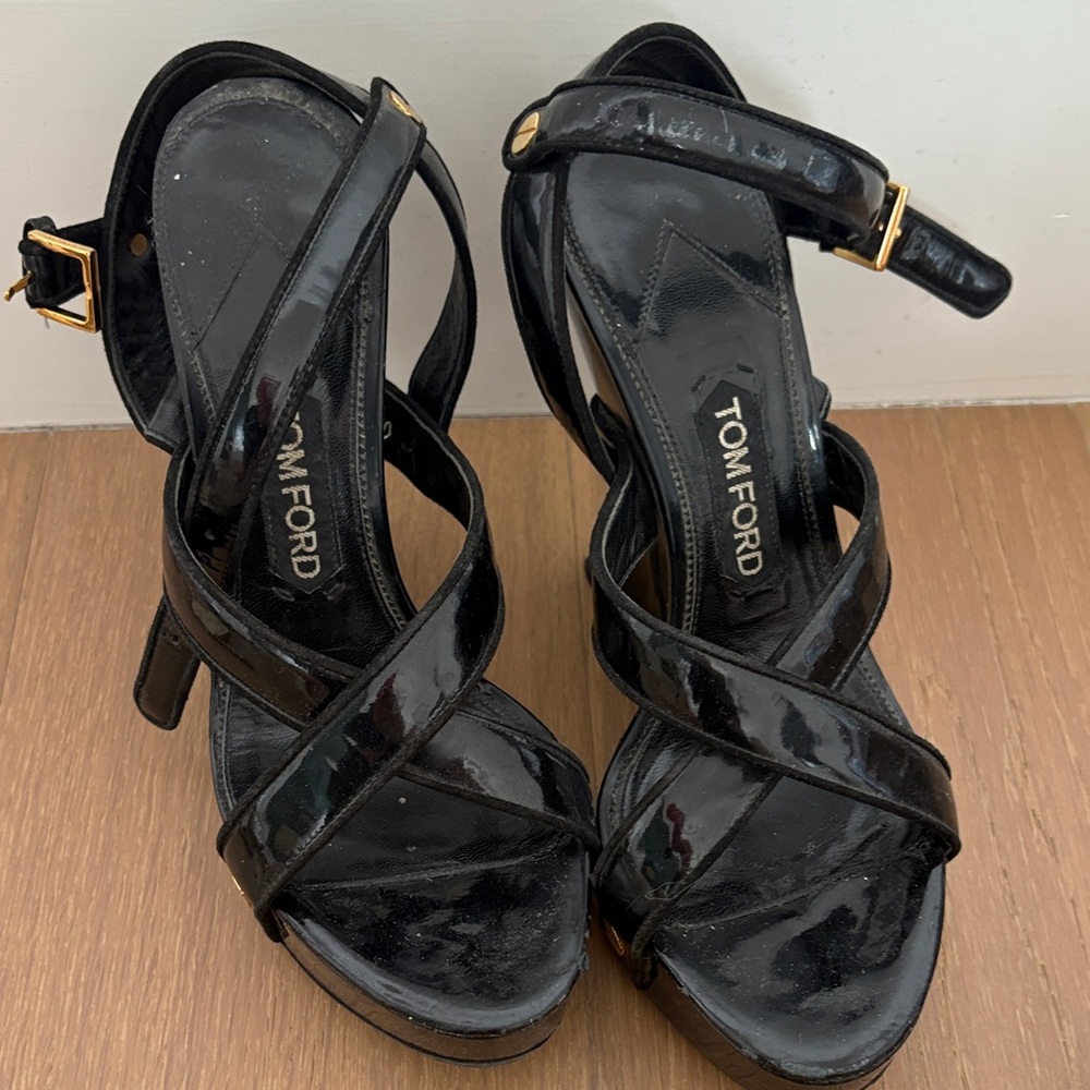 Tom Ford Glossy Black Strappy Heels